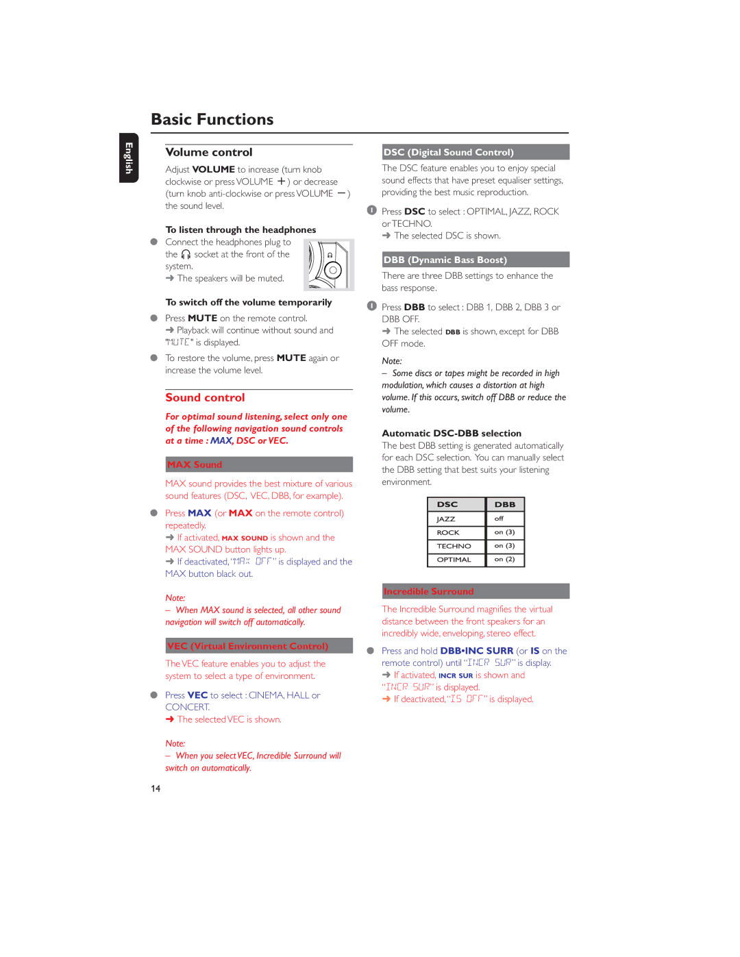 Philips MP3-CD user manual Volume control, DSC Digital Sound Control, DBB Dynamic Bass Boost 