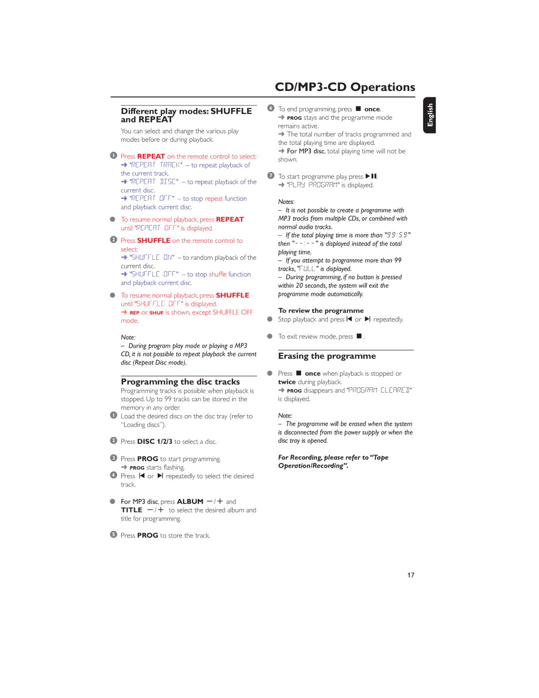 Philips MP3-CD user manual Different play modes Shuffle and Repeat, Programming the disc tracks, Erasing the programme 
