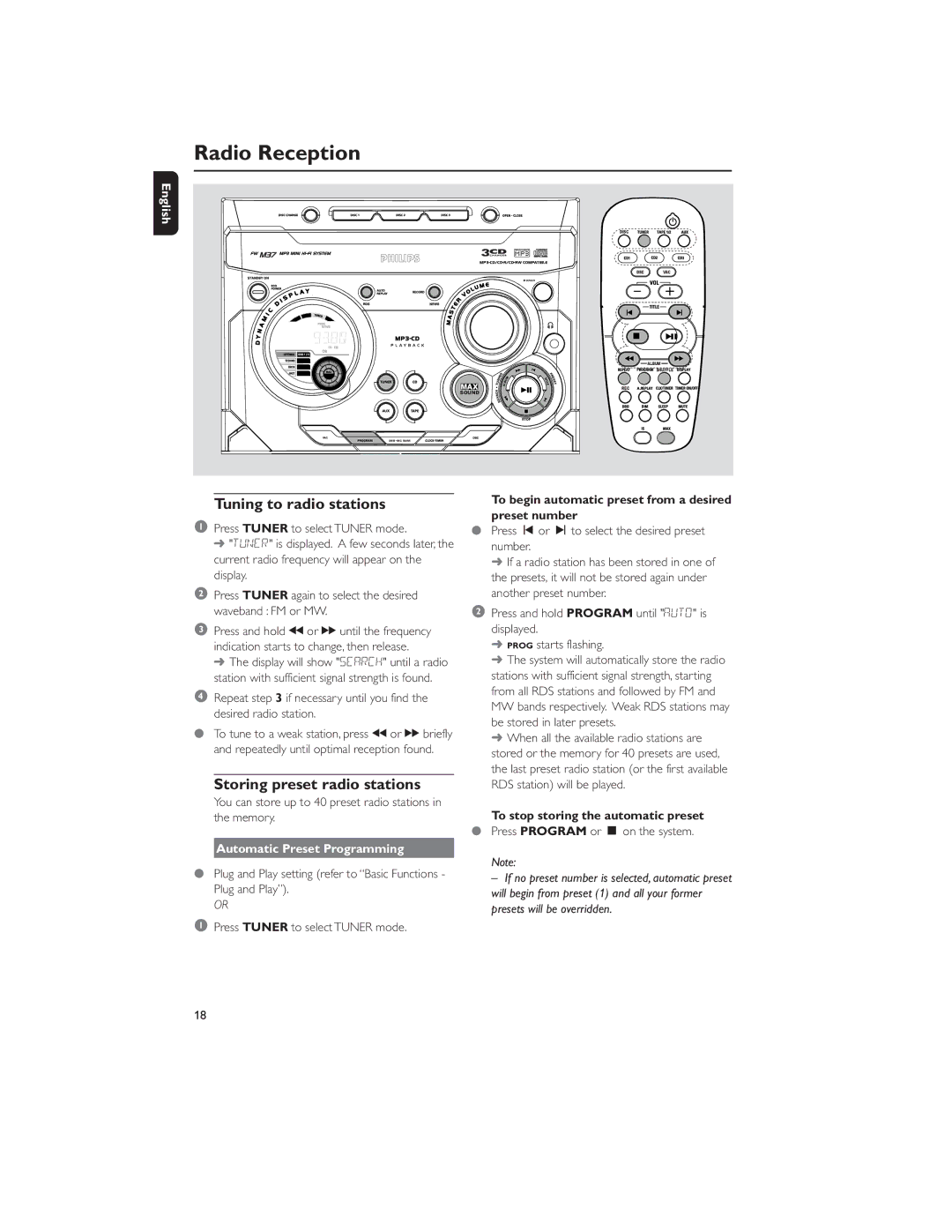 Philips MP3-CD Radio Reception, Tuning to radio stations, Storing preset radio stations, Automatic Preset Programming 