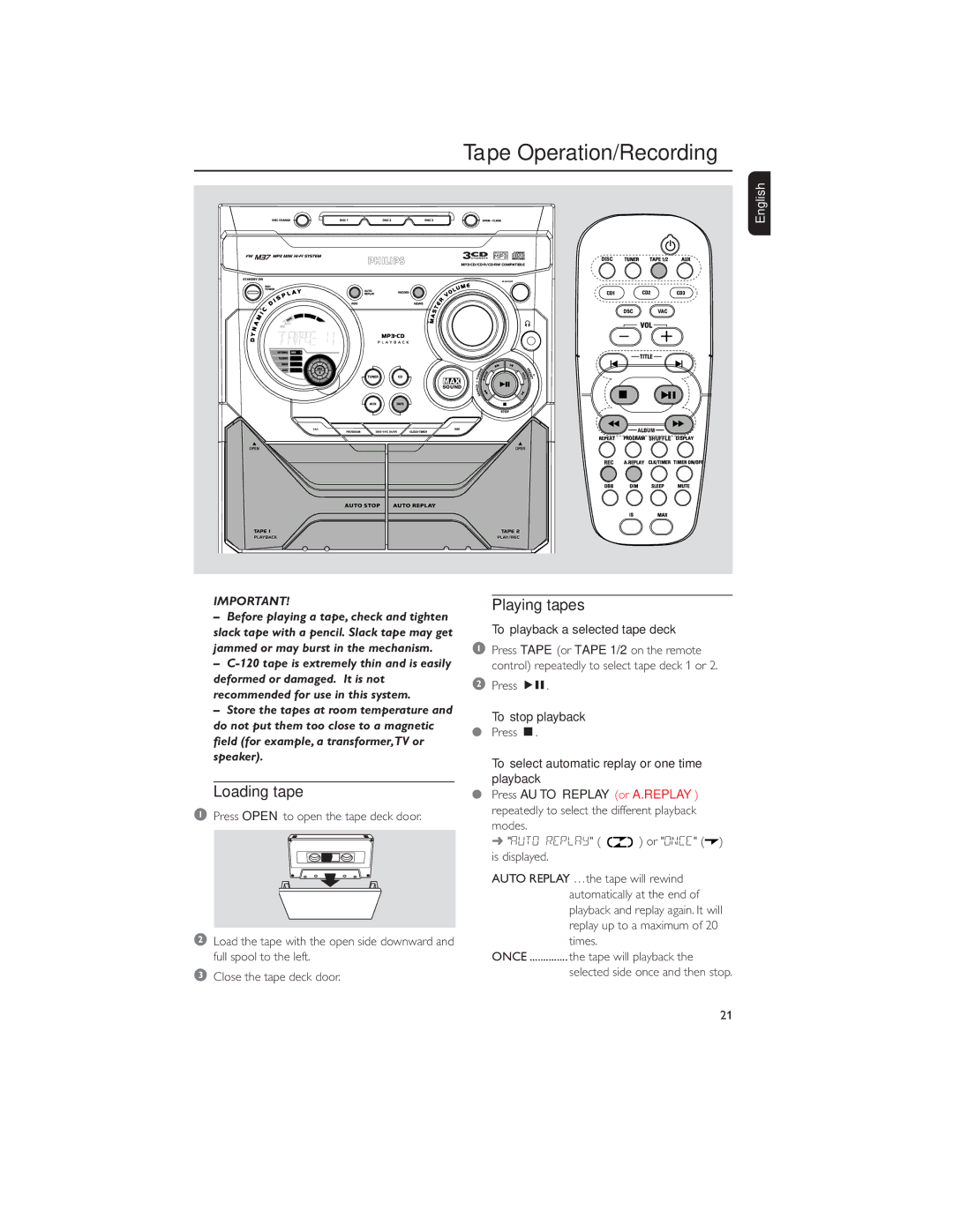 Philips MP3-CD Tape Operation/Recording, Loading tape, Playing tapes, To playback a selected tape deck, Press ÉÅ 