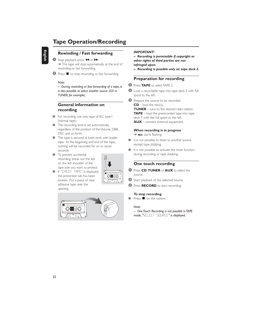 Philips MP3-CD user manual Rewinding / Fast forwarding, General information on recording, Preparation for recording 