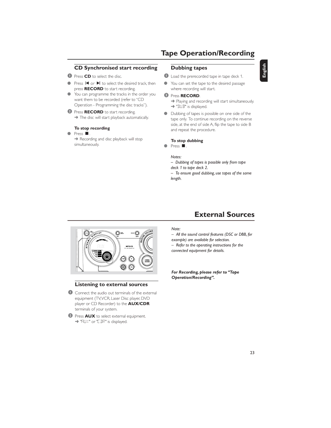 Philips MP3-CD user manual External Sources, CD Synchronised start recording, Dubbing tapes, Listening to external sources 