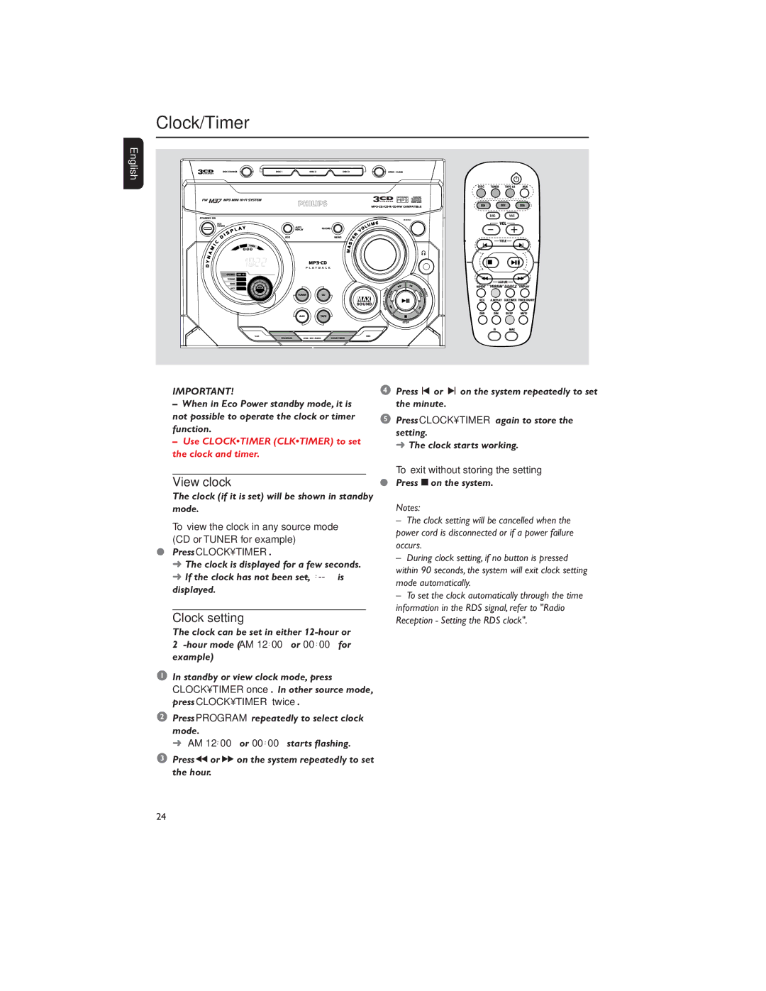 Philips MP3-CD user manual Clock/Timer, View clock, Clock setting, Clock if it is set will be shown in standby mode 