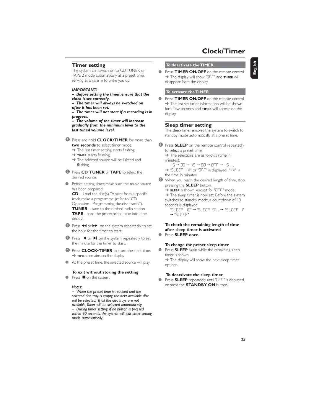 Philips MP3-CD user manual Timer setting, Sleep timer setting, To deactivate the Timer, To activate the Timer 