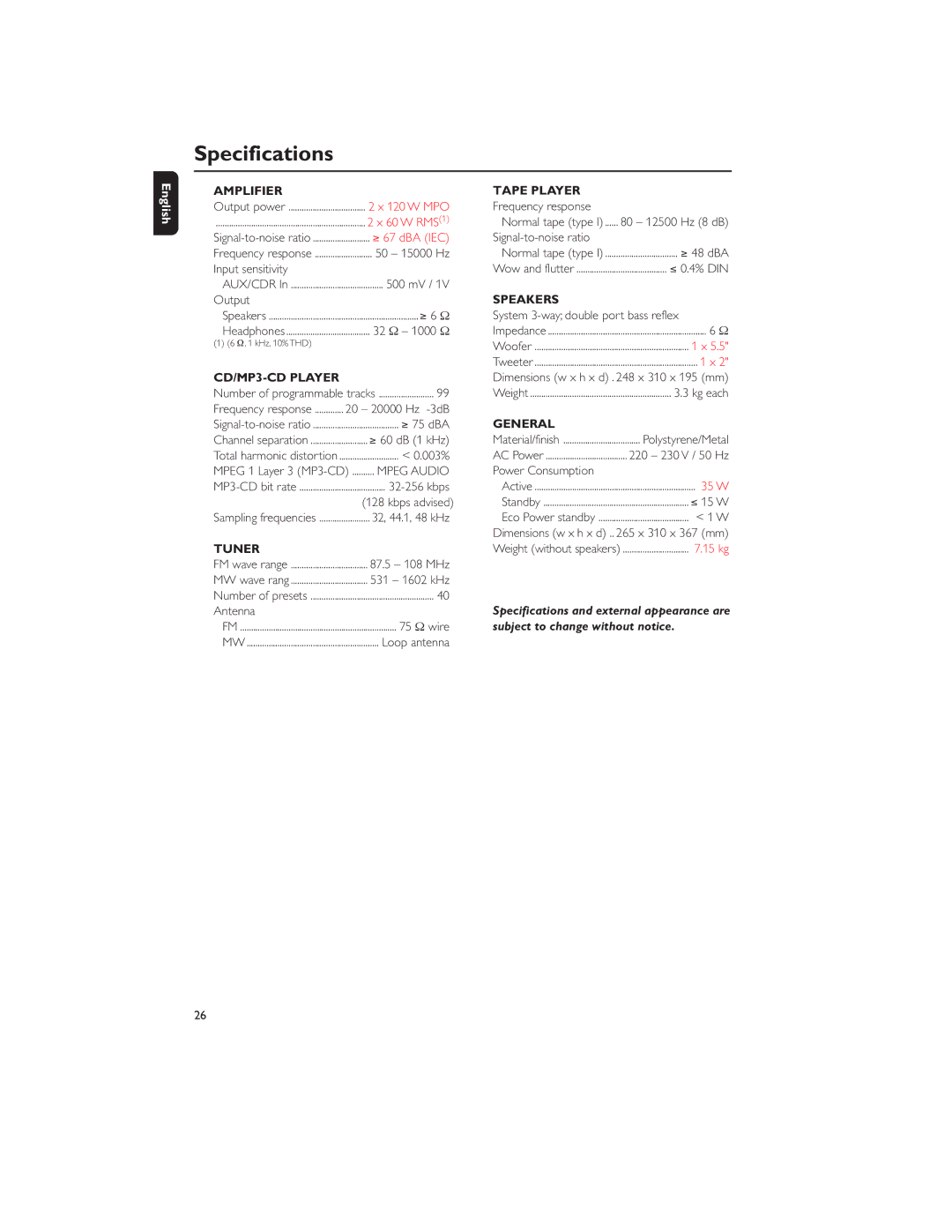 Philips MP3-CD user manual Specifications 