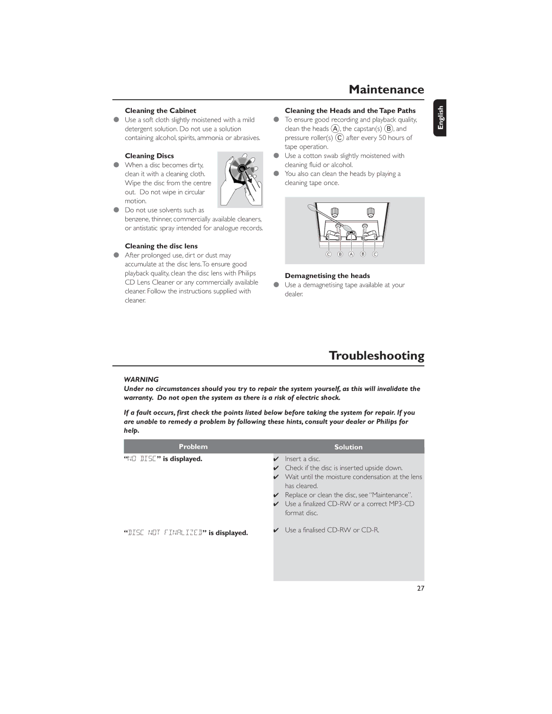 Philips MP3-CD user manual Maintenance, Troubleshooting, Problem, Solution 