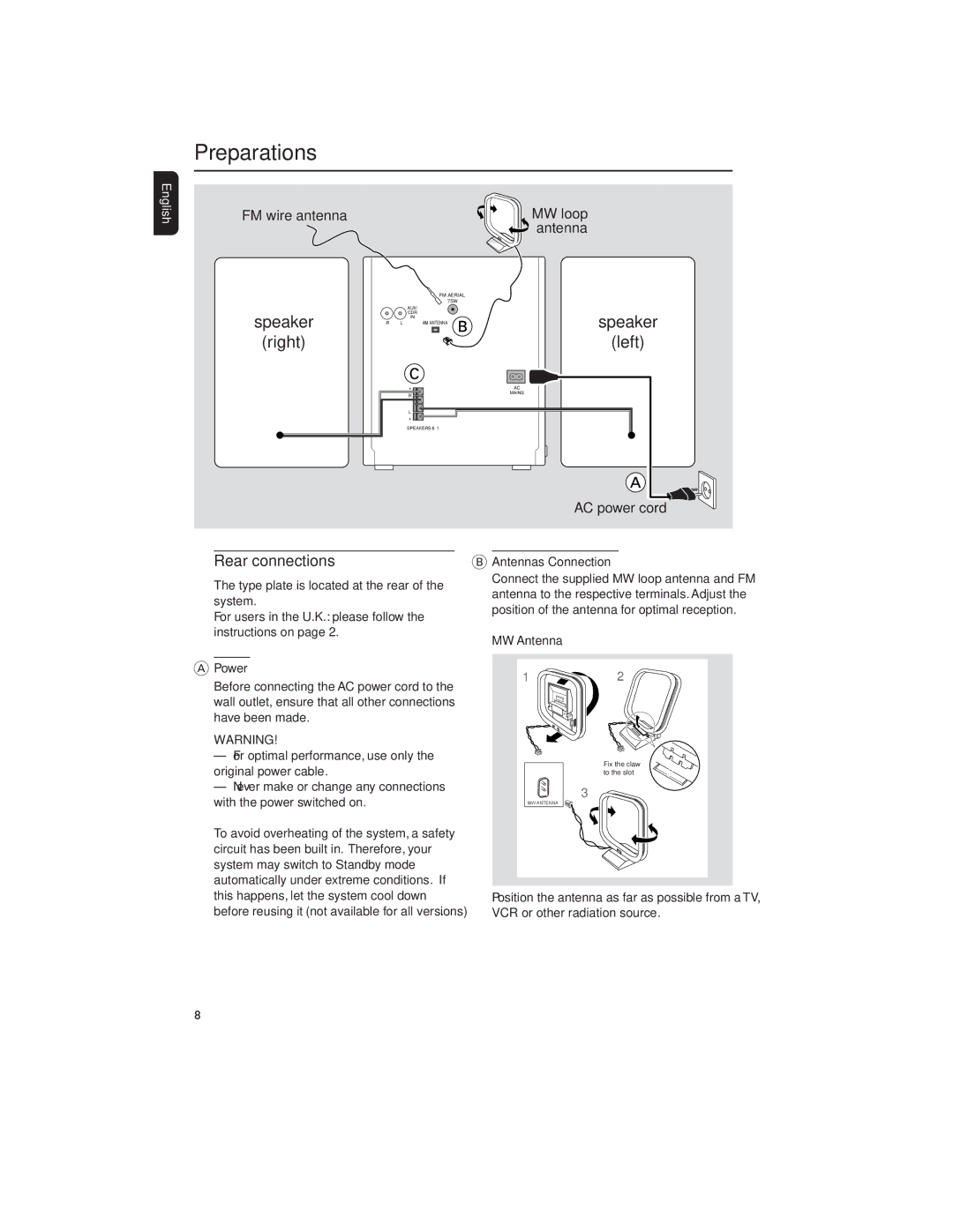 Philips MP3-CD user manual Preparations, Rear connections, Power, Antennas Connection, MW Antenna 