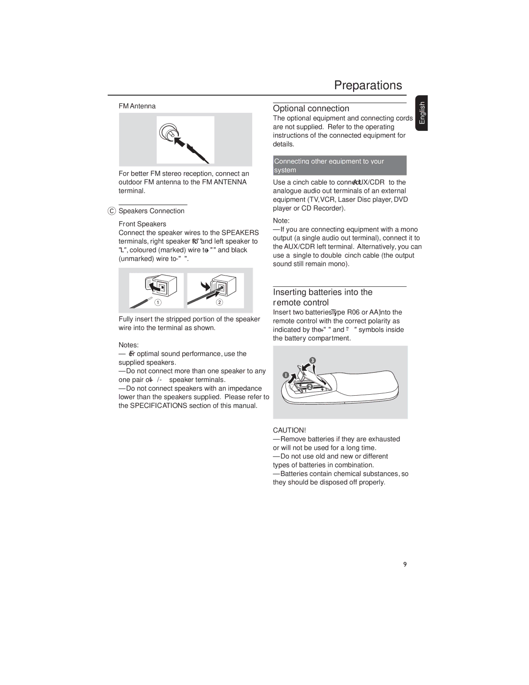 Philips MP3-CD user manual Optional connection, Inserting batteries into the remote control, FM Antenna 