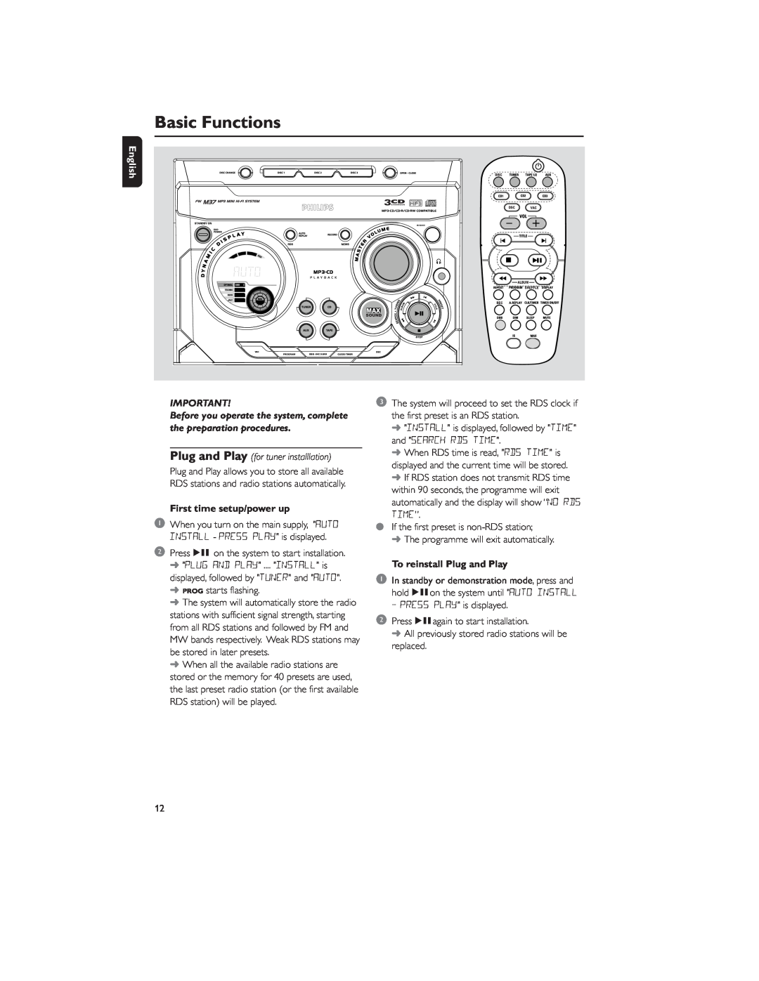 Philips MP3-CD user manual Basic Functions, First time setup/power up, To reinstall Plug and Play, English 