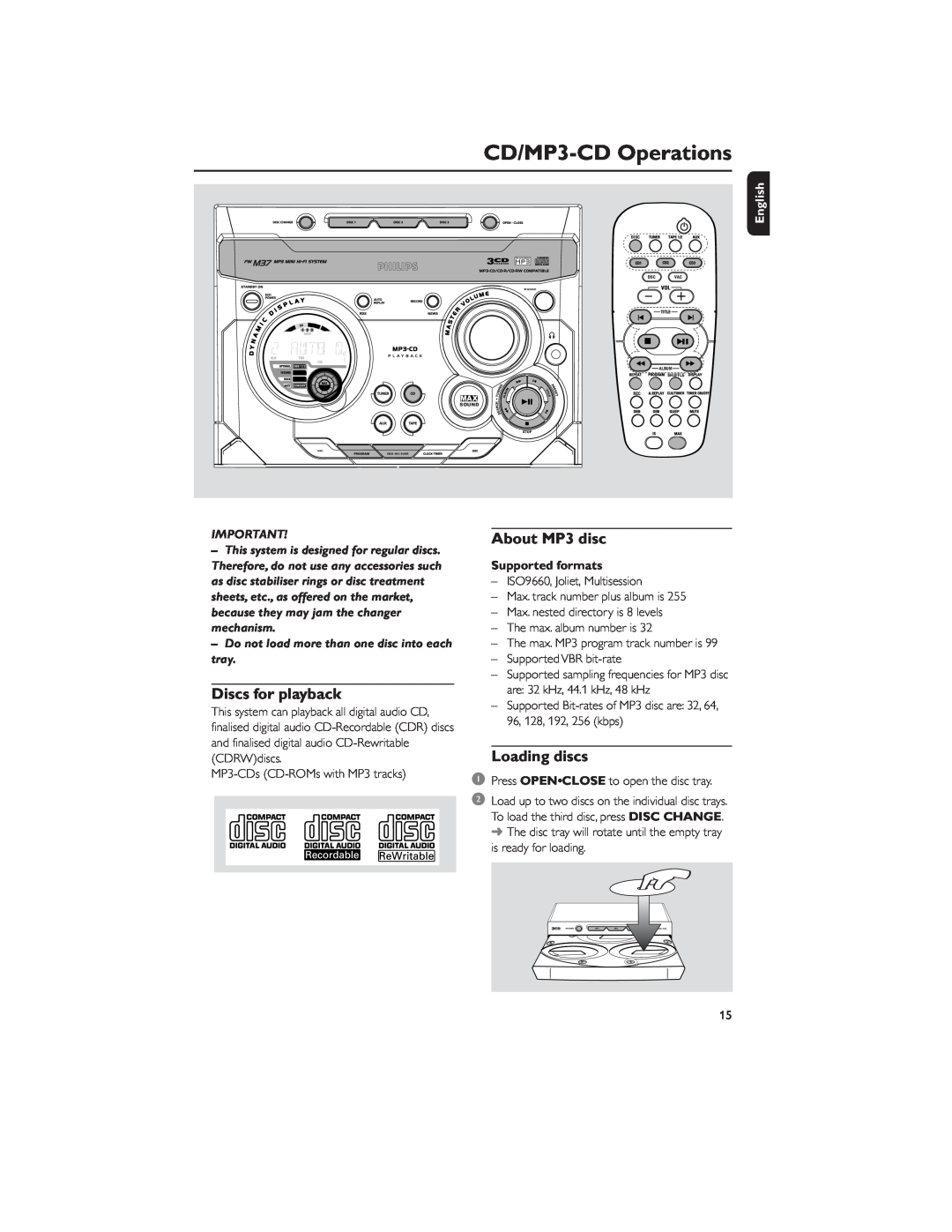 Philips user manual CD/MP3-CDOperations, Discs for playback, About MP3 disc, Loading discs, Supported formats, English 