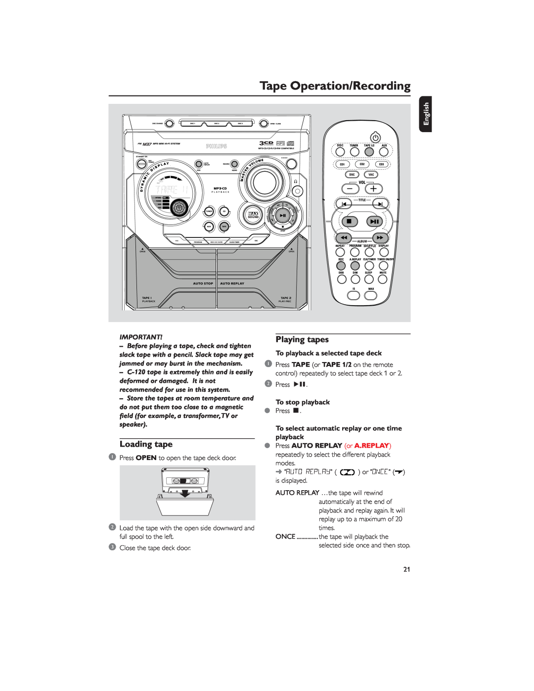 Philips MP3-CD user manual Tape Operation/Recording, Loading tape, Playing tapes, To playback a selected tape deck, English 