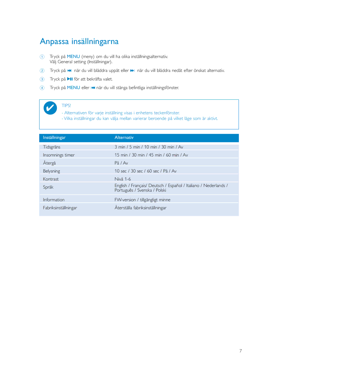 Philips MP3 Player user manual Anpassa insällningarna, Inställningar Alternativ 