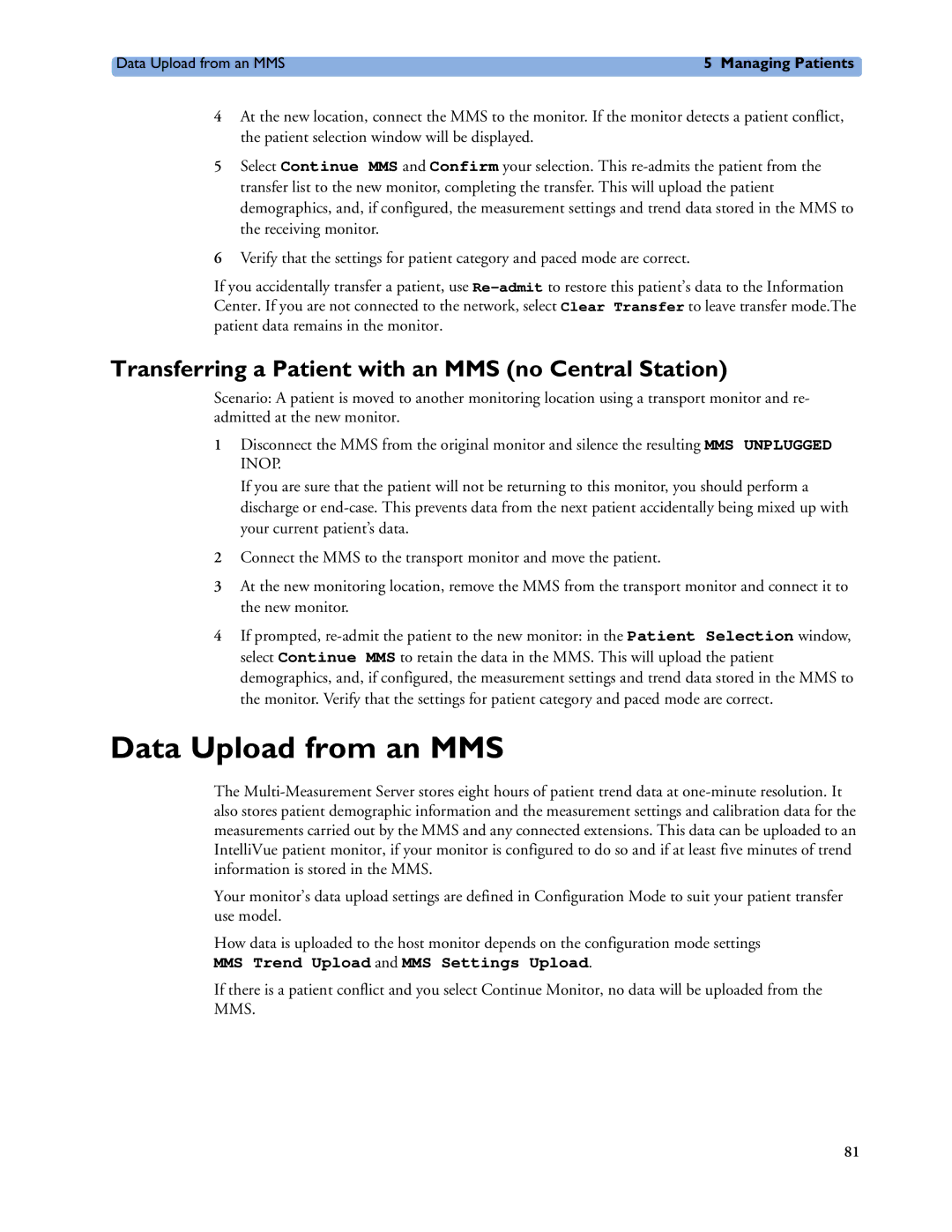 Philips MP40/50, MP60/70/80/90, MP20/30 manual Data Upload from an MMS, Transferring a Patient with an MMS no Central Station 