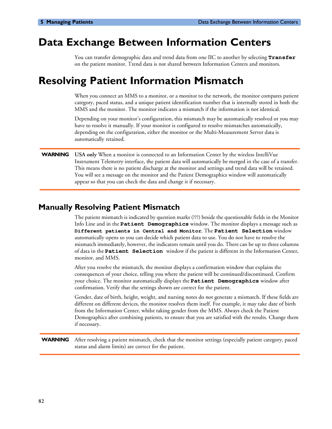 Philips MP60/70/80/90, MP20/30, MP40/50 Data Exchange Between Information Centers, Resolving Patient Information Mismatch 