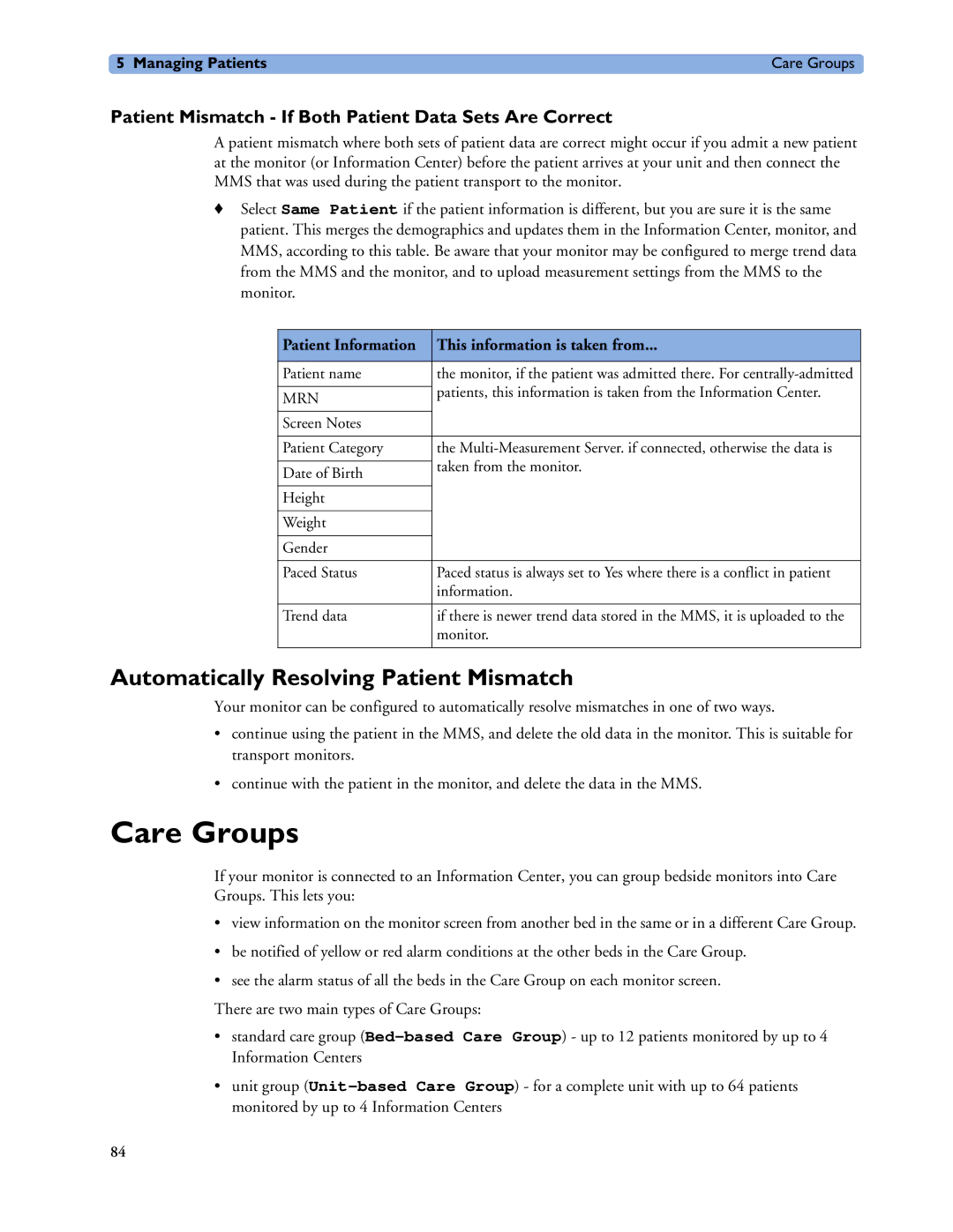 Philips MP40/50 Care Groups, Automatically Resolving Patient Mismatch, Patient Information This information is taken from 