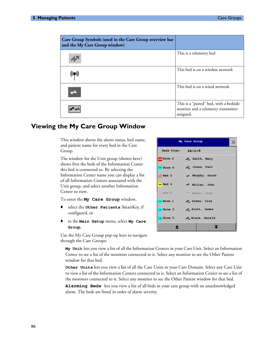 Philips MP20/30, MP60/70/80/90, MP40/50 manual Viewing the My Care Group Window, Main Setup menu, select My Care Group 