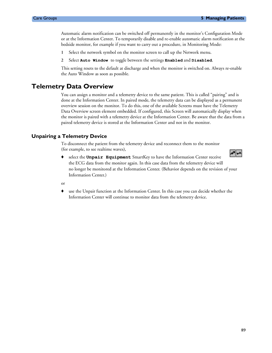 Philips MP20/30, MP60/70/80/90, MP40/50 manual Telemetry Data Overview, Unpairing a Telemetry Device 