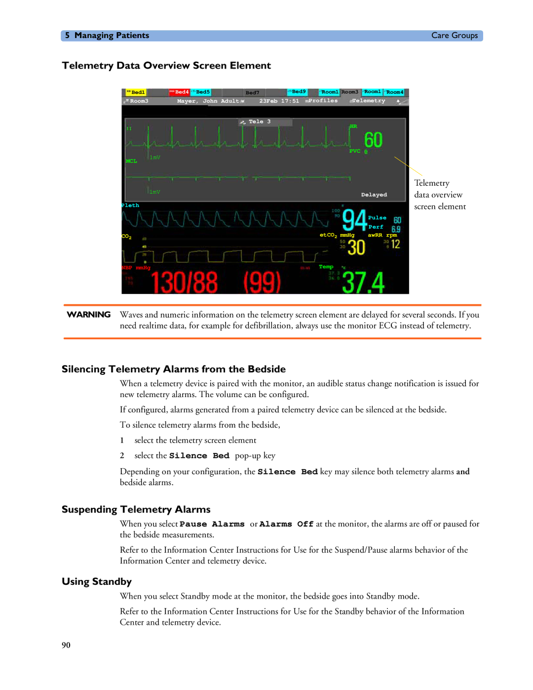 Philips MP40/50 manual Telemetry Data Overview Screen Element, Silencing Telemetry Alarms from the Bedside, Using Standby 