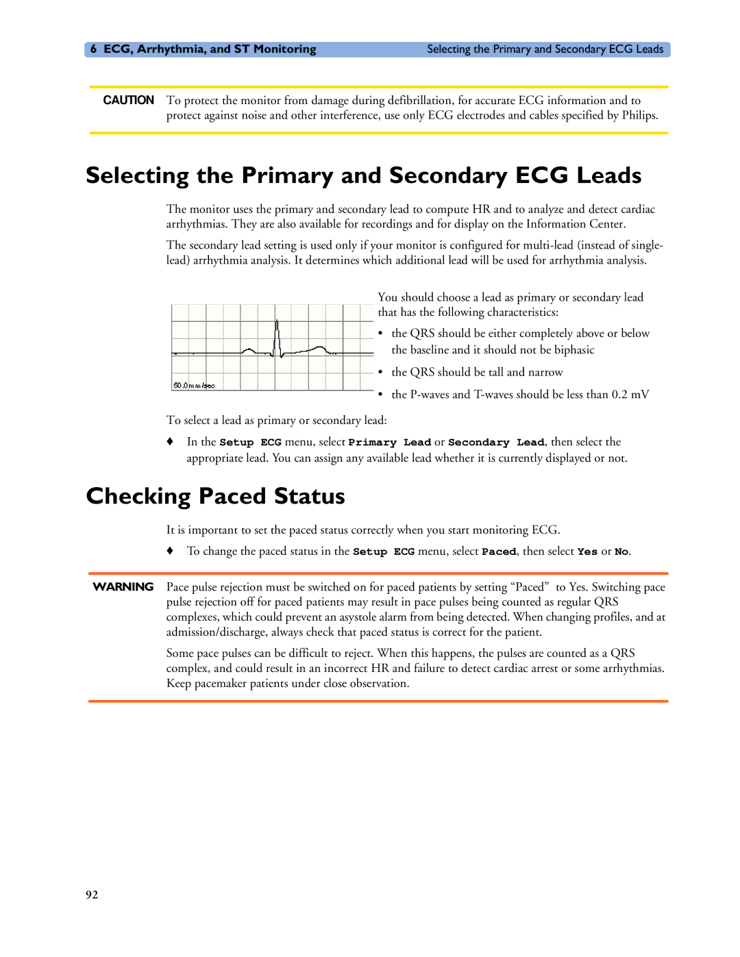 Philips MP20/30, MP60/70/80/90, MP40/50 manual Selecting the Primary and Secondary ECG Leads, Checking Paced Status 