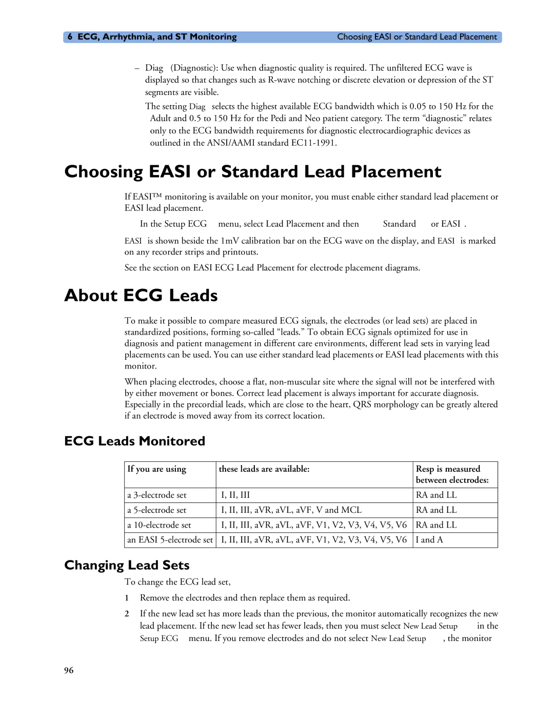 Philips MP40/50 manual Choosing Easi or Standard Lead Placement, About ECG Leads, ECG Leads Monitored, Changing Lead Sets 