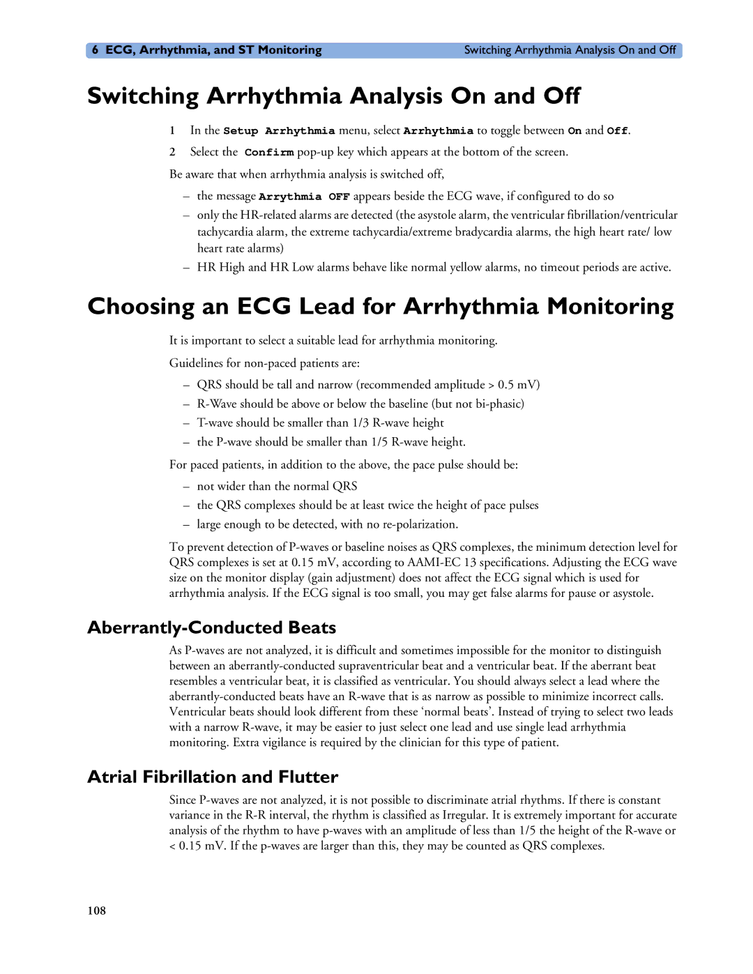 Philips MP40/50, MP60/70/80/90 Switching Arrhythmia Analysis On and Off, Choosing an ECG Lead for Arrhythmia Monitoring 