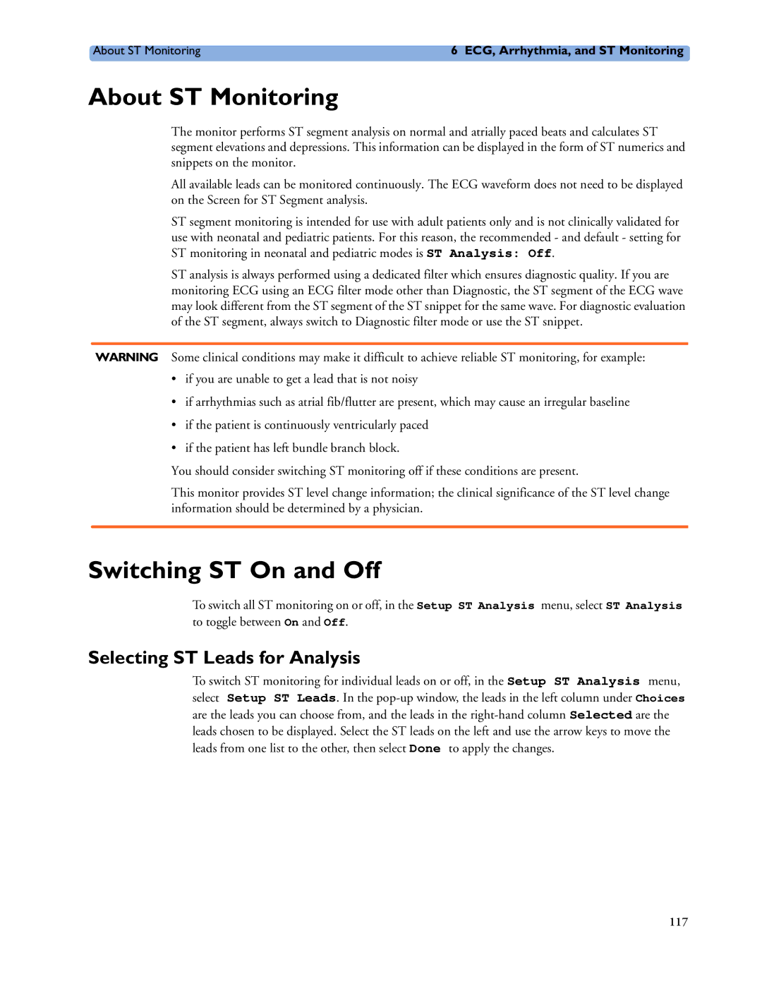 Philips MP40/50, MP60/70/80/90, MP20/30 manual About ST Monitoring, Switching ST On and Off, Selecting ST Leads for Analysis 