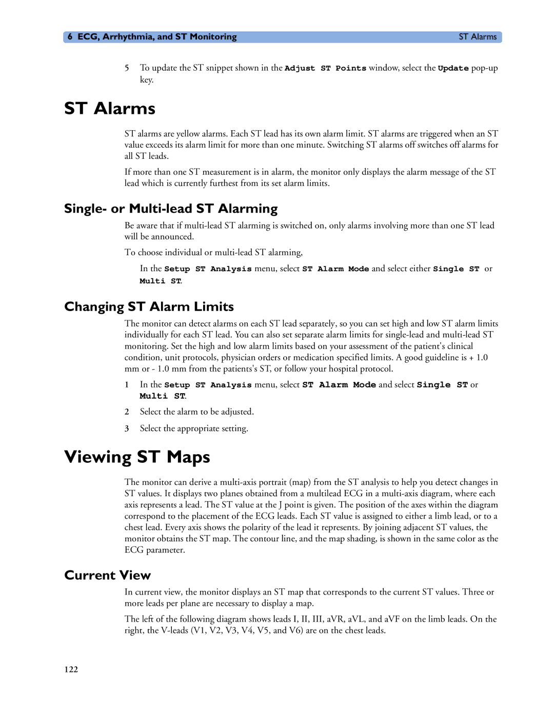 Philips MP20/30 ST Alarms, Viewing ST Maps, Single- or Multi-lead ST Alarming, Changing ST Alarm Limits, Current View 