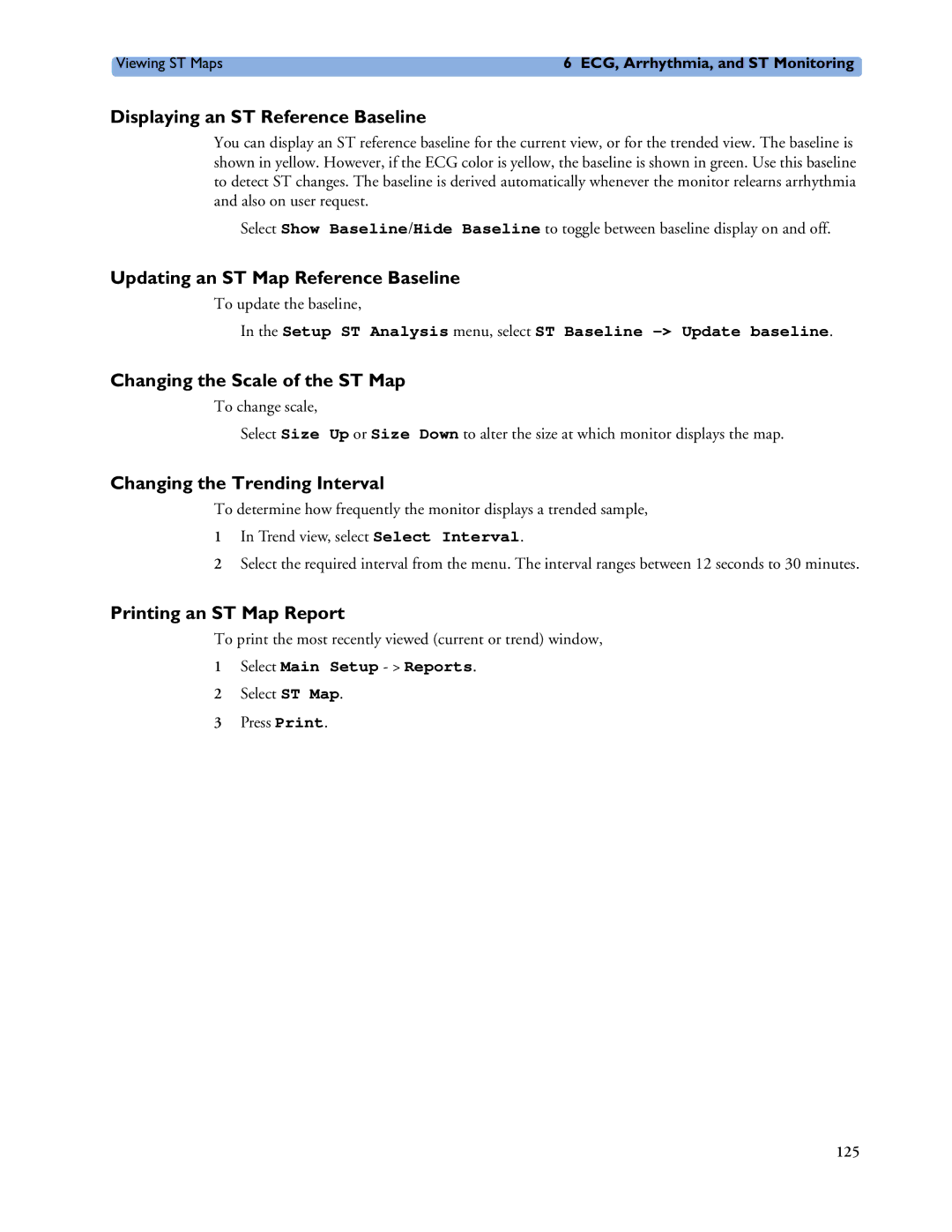 Philips MP20/30 Displaying an ST Reference Baseline, Updating an ST Map Reference Baseline, Changing the Trending Interval 