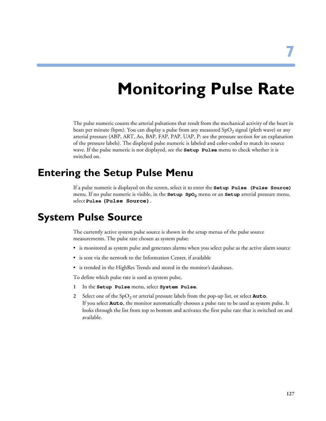 Philips MP60/70/80/90, MP20/30, MP40/50 manual Monitoring Pulse Rate, Entering the Setup Pulse Menu, System Pulse Source 