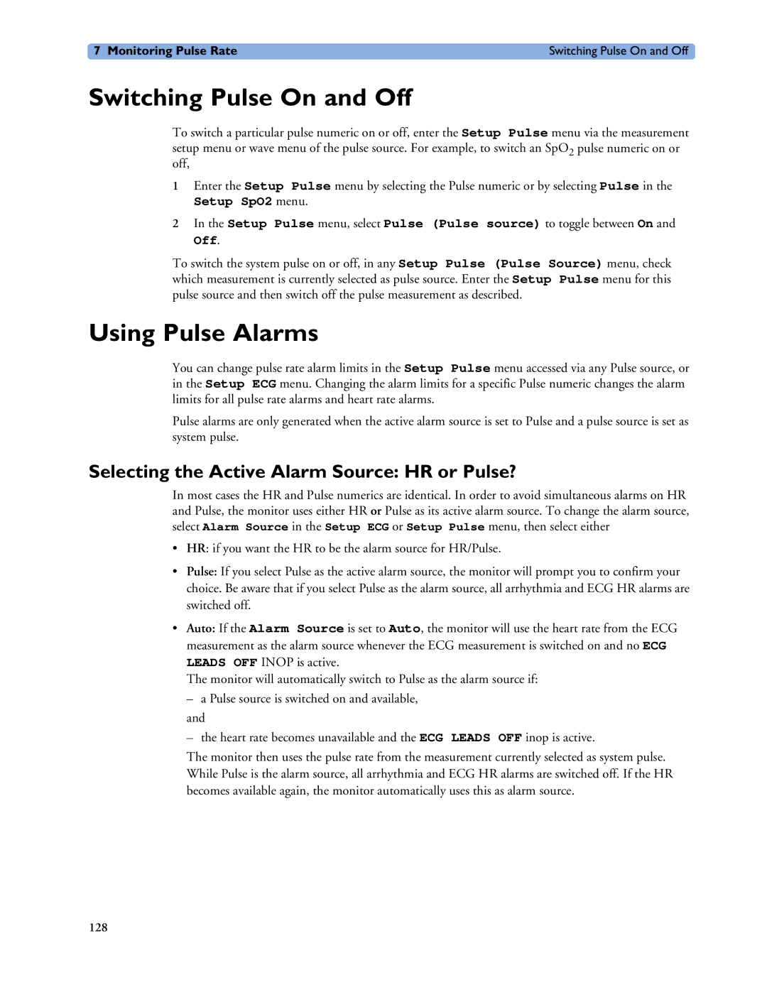 Philips MP20/30, MP40/50 Switching Pulse On and Off, Using Pulse Alarms, Selecting the Active Alarm Source HR or Pulse? 