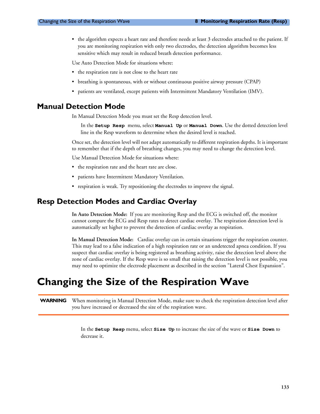 Philips MP60/70/80/90, MP20/30, MP40/50 manual Changing the Size of the Respiration Wave, Manual Detection Mode 