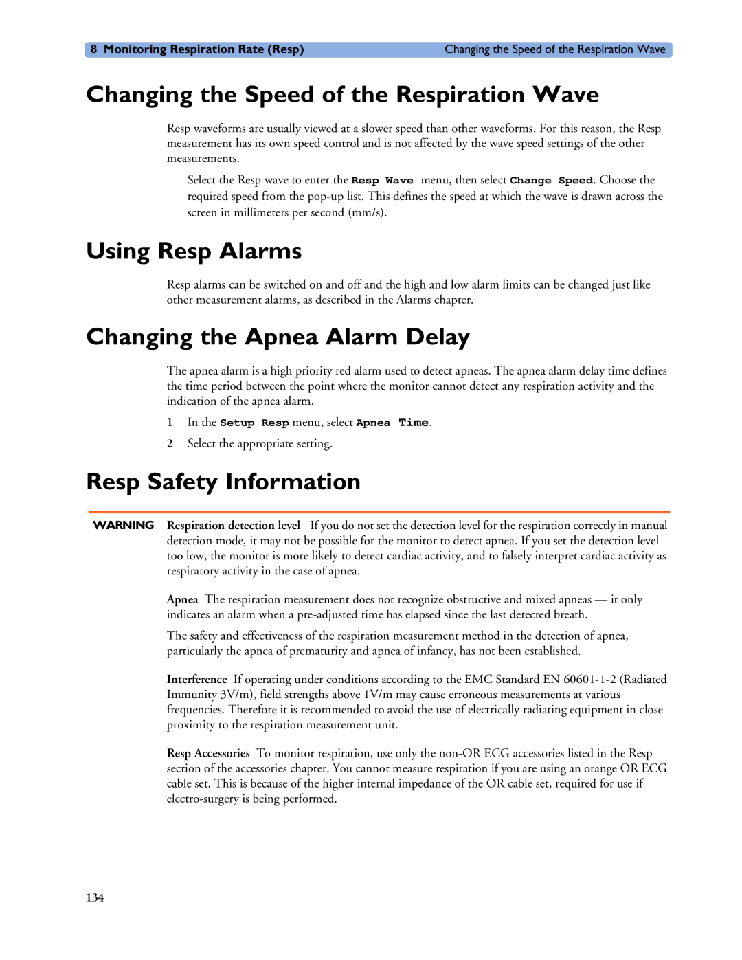 Philips MP20/30, MP40/50 Changing the Speed of the Respiration Wave, Using Resp Alarms, Changing the Apnea Alarm Delay 