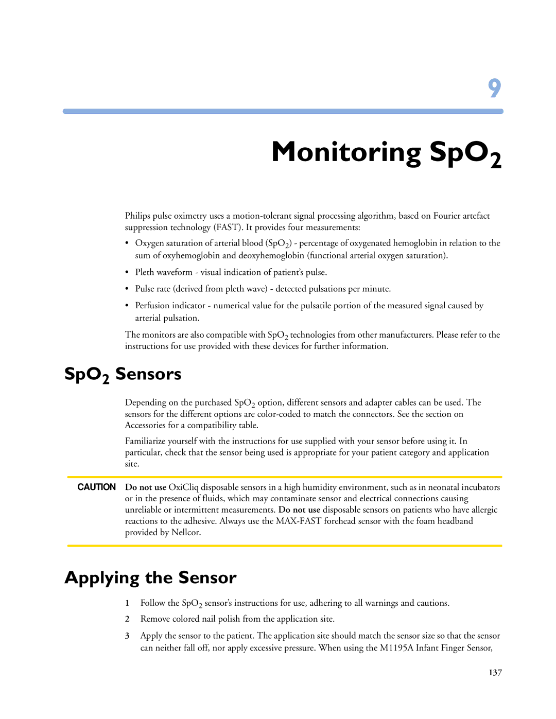 Philips MP20/30, MP60/70/80/90, MP40/50 manual Monitoring SpO2, SpO2 Sensors, Applying the Sensor 