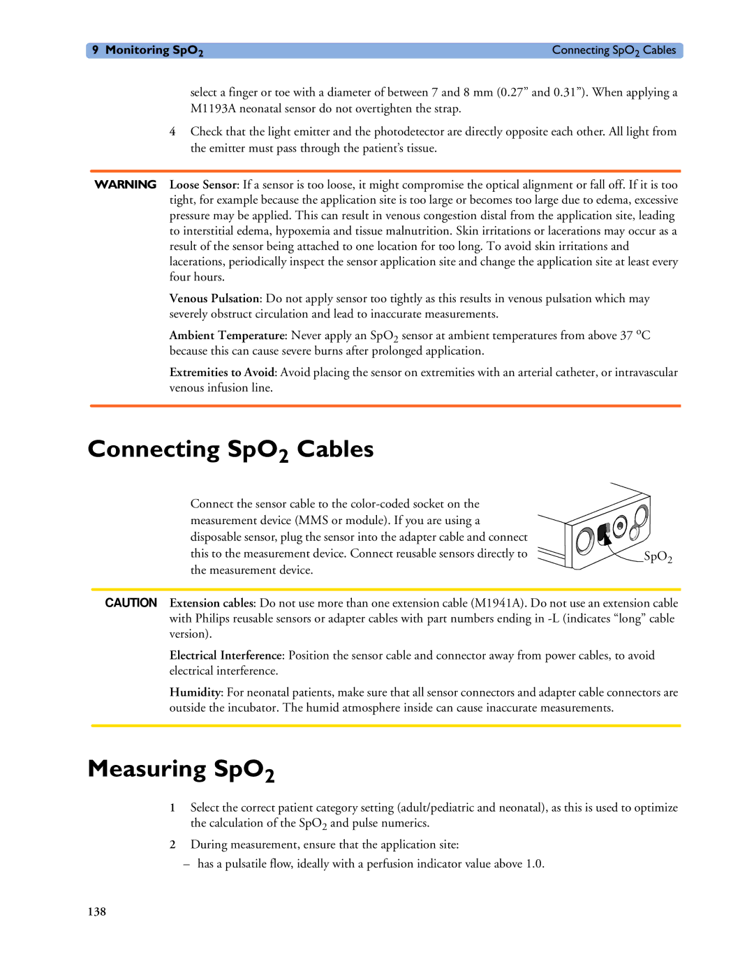 Philips MP40/50, MP60/70/80/90, MP20/30 manual Connecting SpO2 Cables, Measuring SpO2 