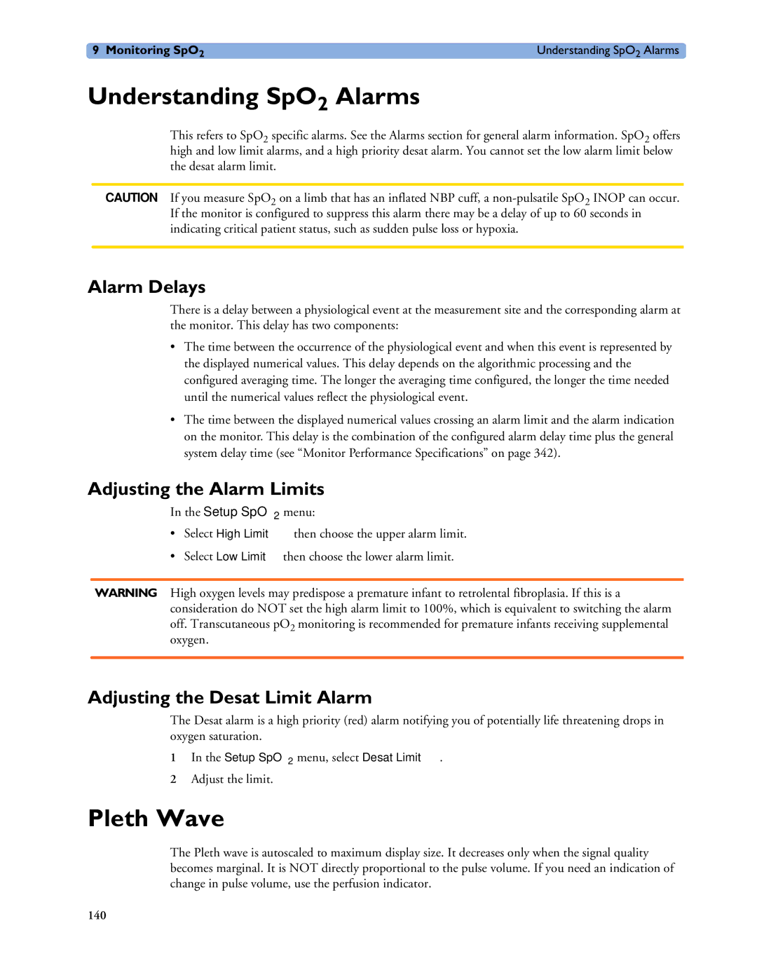 Philips MP20/30, MP60/70/80/90, MP40/50 Understanding SpO2 Alarms, Pleth Wave, Alarm Delays, Adjusting the Alarm Limits 