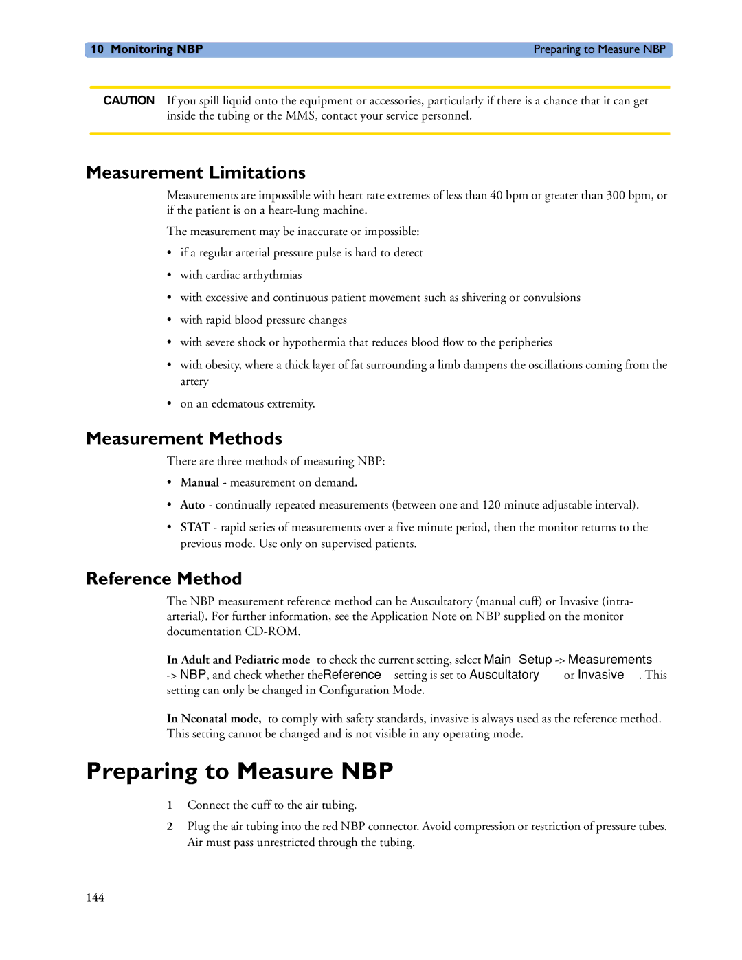 Philips MP40/50, MP60/70/80/90 Preparing to Measure NBP, Measurement Limitations, Measurement Methods, Reference Method 