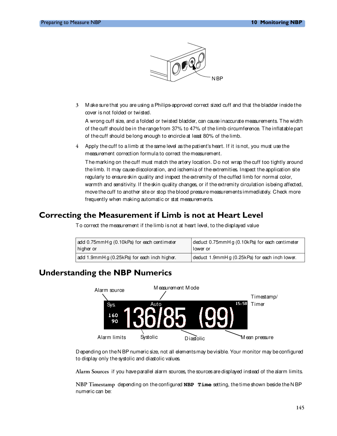 Philips MP60/70/80/90, MP20/30 Correcting the Measurement if Limb is not at Heart Level, Understanding the NBP Numerics 