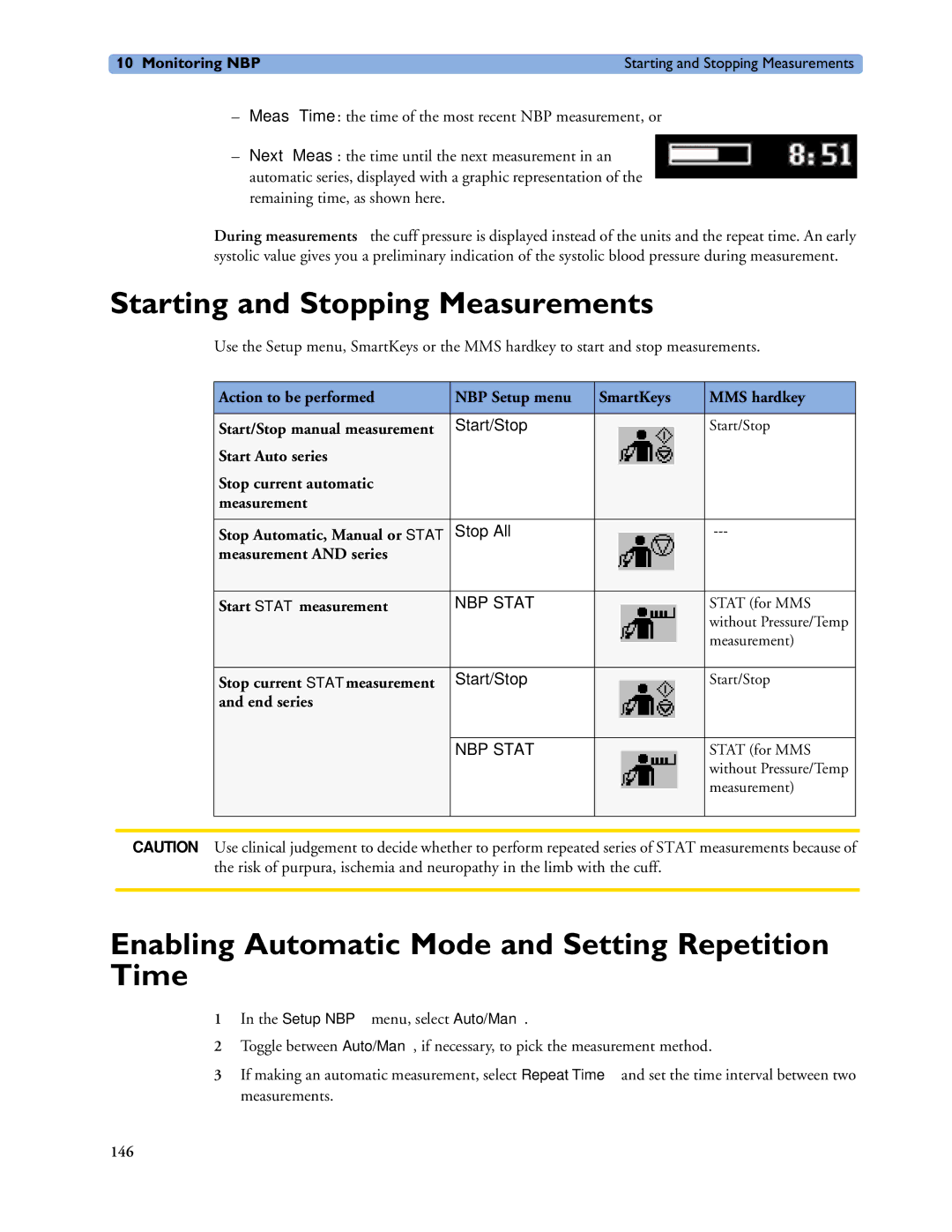 Philips MP20/30, MP60/70/80/90 Starting and Stopping Measurements, Enabling Automatic Mode and Setting Repetition Time 