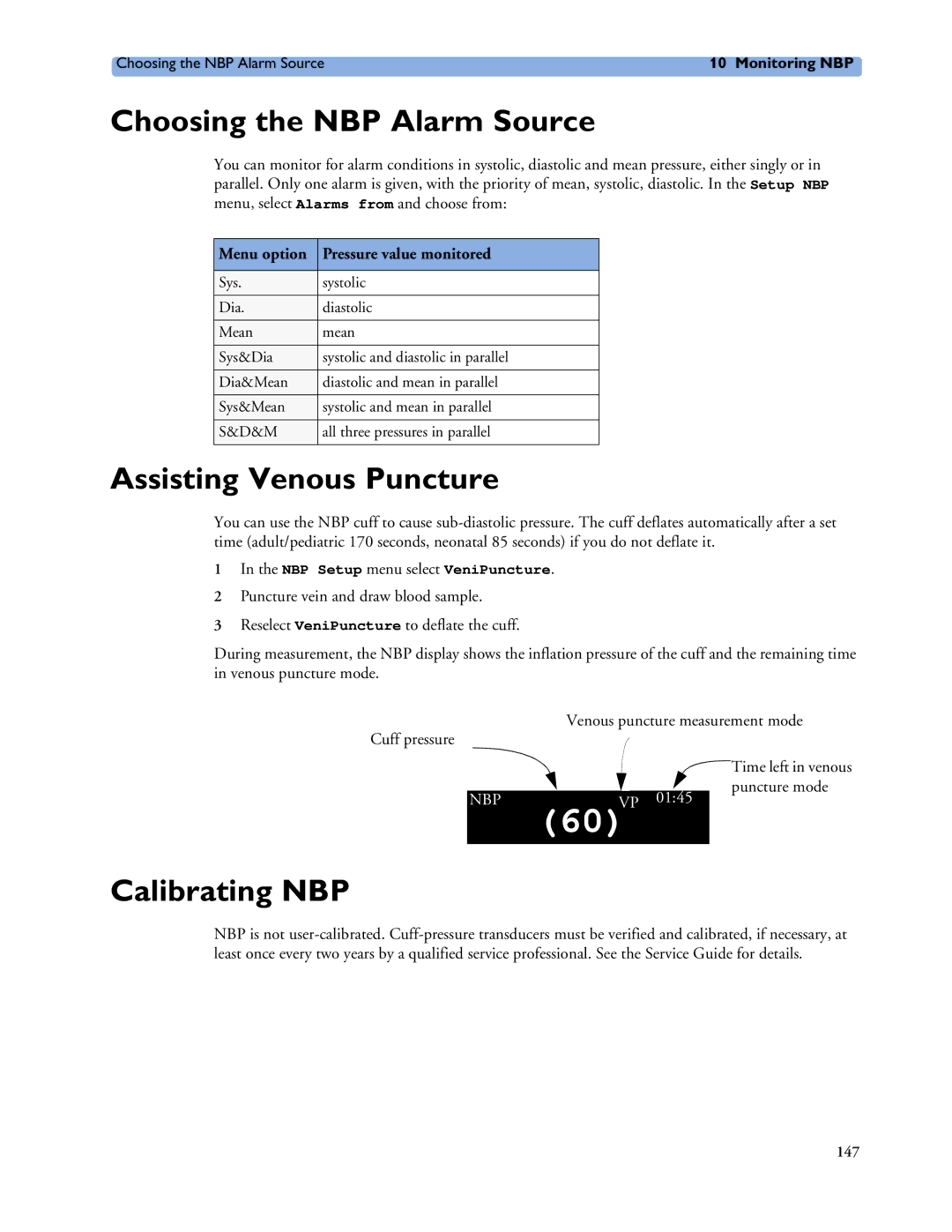 Philips MP40/50, MP60/70/80/90, MP20/30 manual Choosing the NBP Alarm Source, Assisting Venous Puncture, Calibrating NBP 