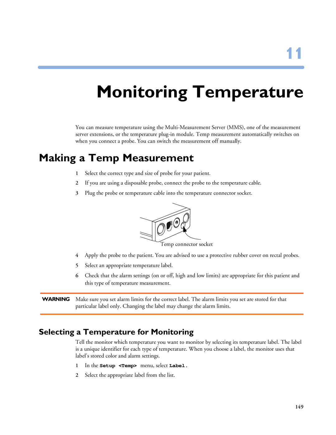 Philips MP20/30, MP60/70/80/90 Monitoring Temperature, Making a Temp Measurement, Selecting a Temperature for Monitoring 