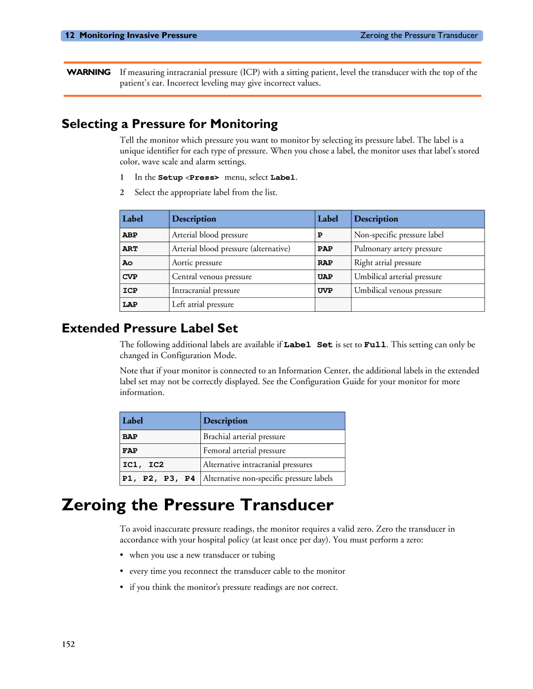 Philips MP20/30, MP40/50 Zeroing the Pressure Transducer, Selecting a Pressure for Monitoring, Extended Pressure Label Set 