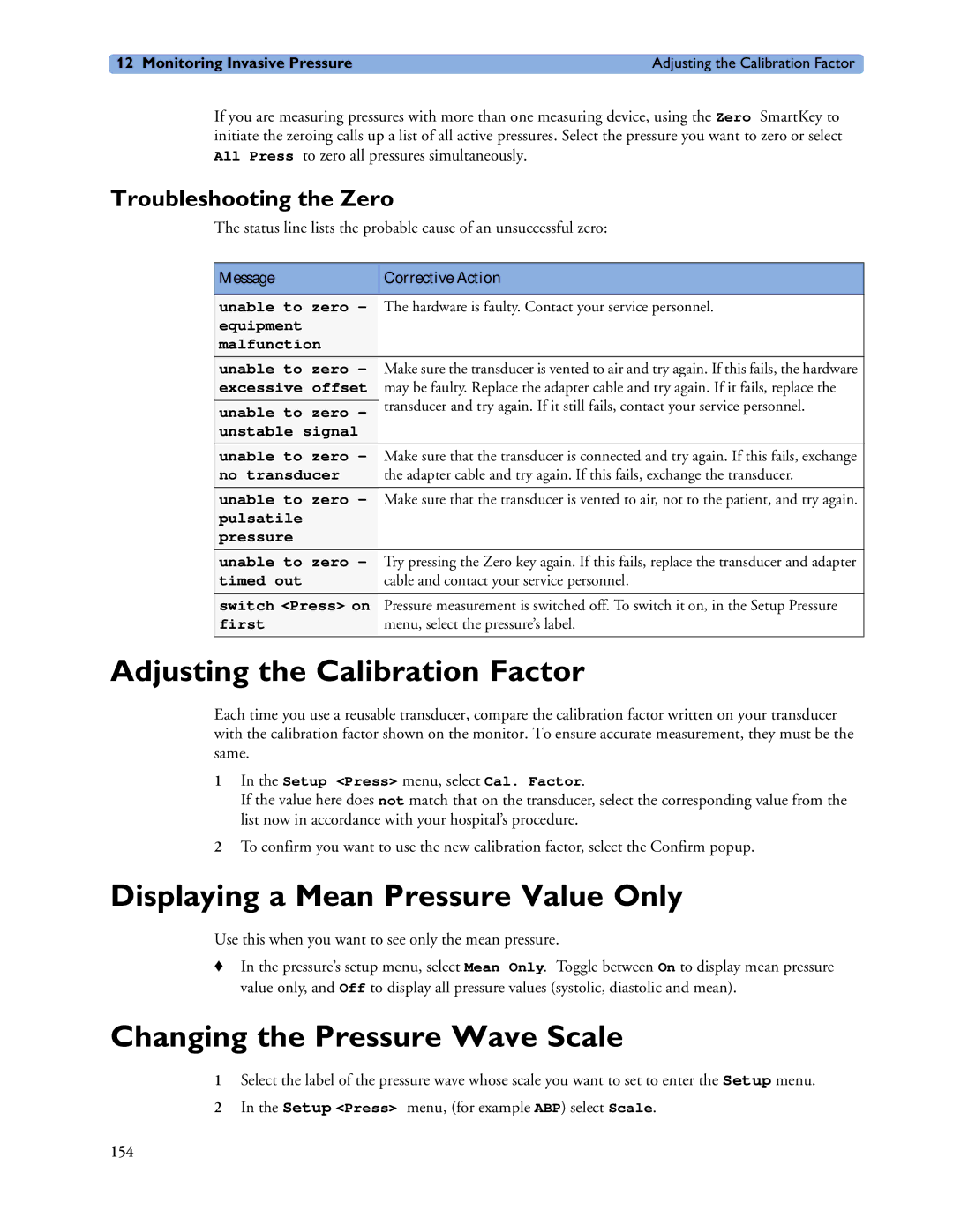 Philips MP60/70/80/90 Adjusting the Calibration Factor, Displaying a Mean Pressure Value Only, Troubleshooting the Zero 