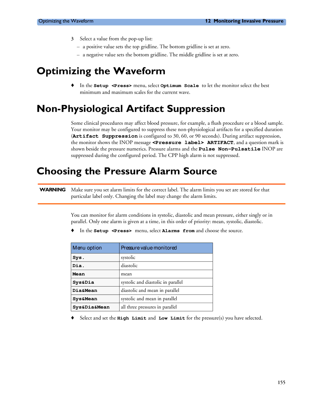 Philips MP20/30 manual Optimizing the Waveform, Non-Physiological Artifact Suppression, Choosing the Pressure Alarm Source 