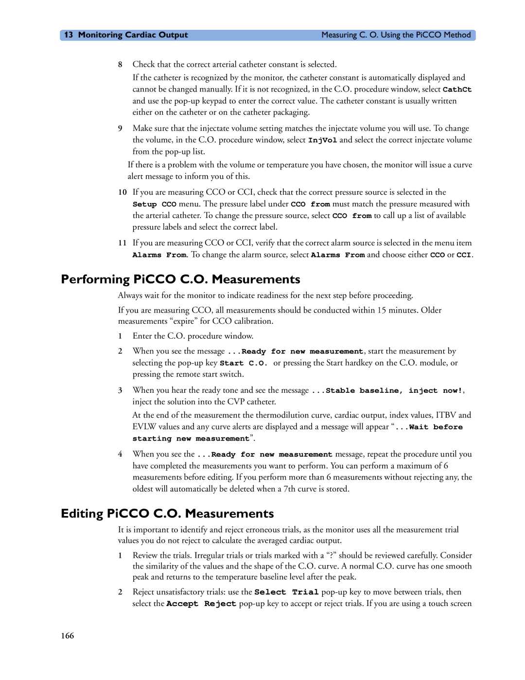 Philips MP60/70/80/90, MP20/30, MP40/50 manual Performing PiCCO C.O. Measurements, Editing PiCCO C.O. Measurements 