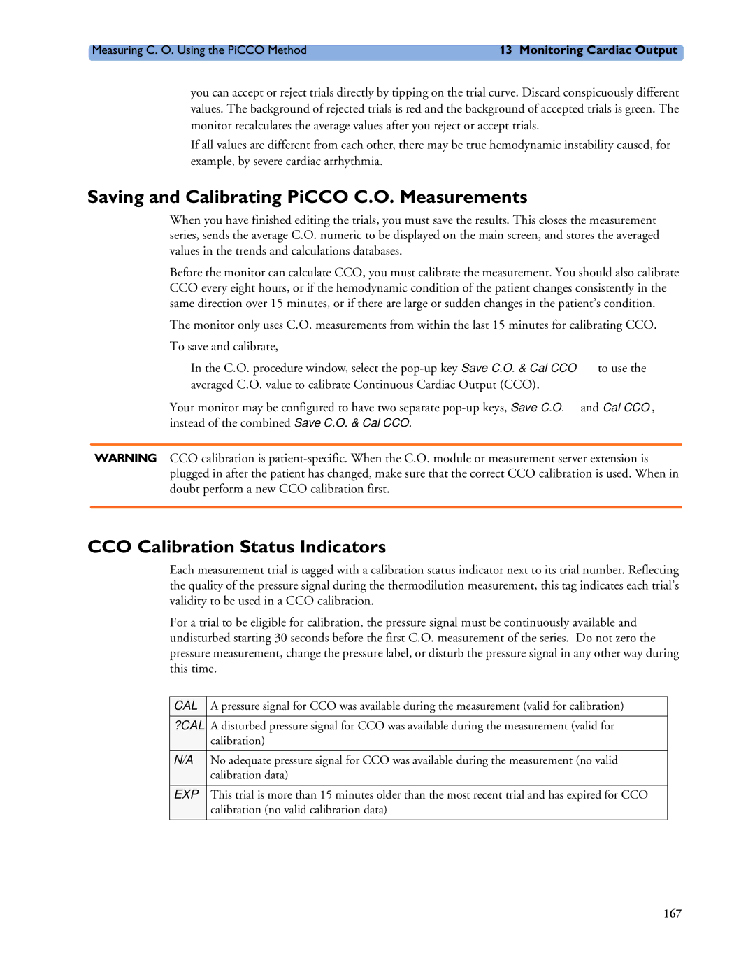 Philips MP20/30, MP60/70/80/90, MP40/50 Saving and Calibrating PiCCO C.O. Measurements, CCO Calibration Status Indicators 