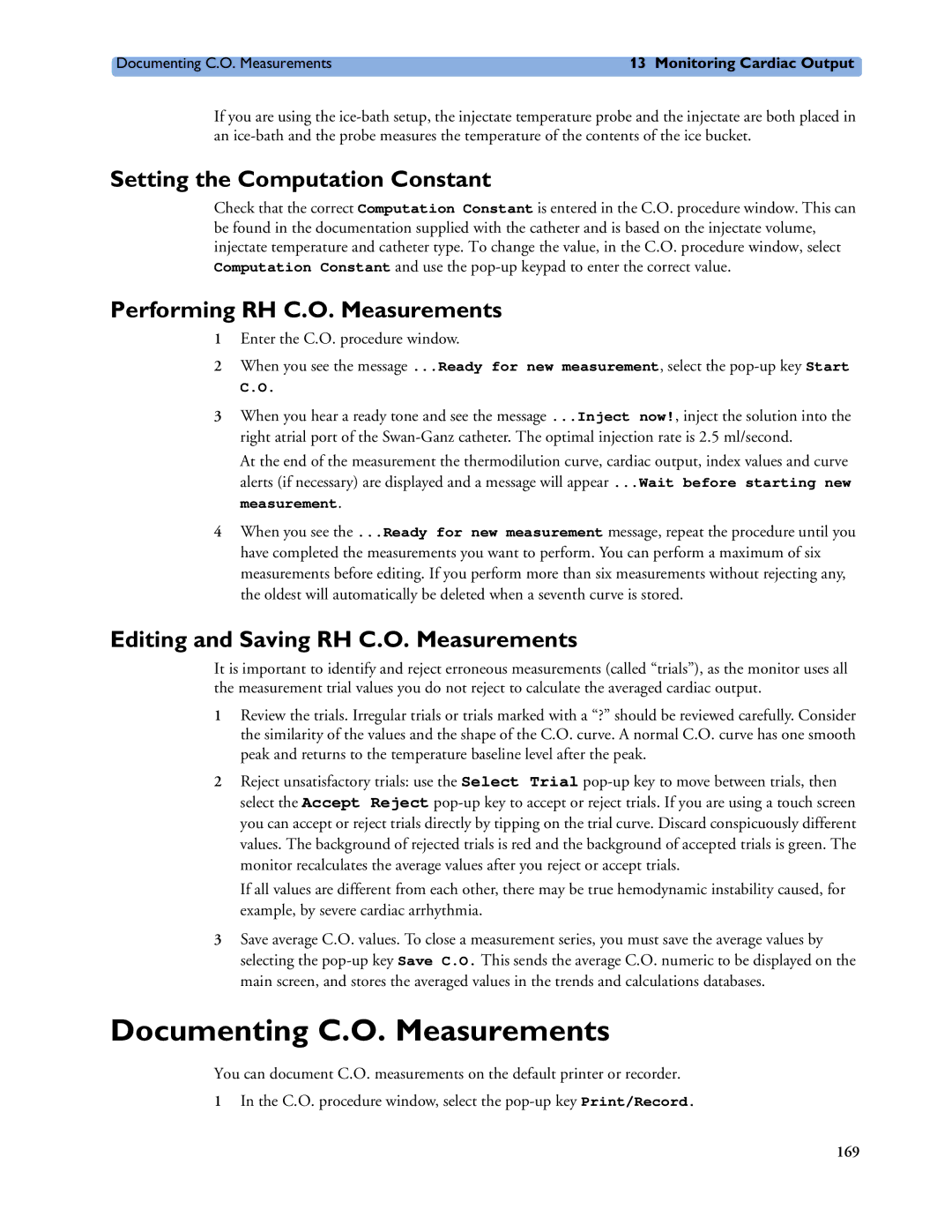 Philips MP60/70/80/90 Documenting C.O. Measurements, Setting the Computation Constant, Performing RH C.O. Measurements 