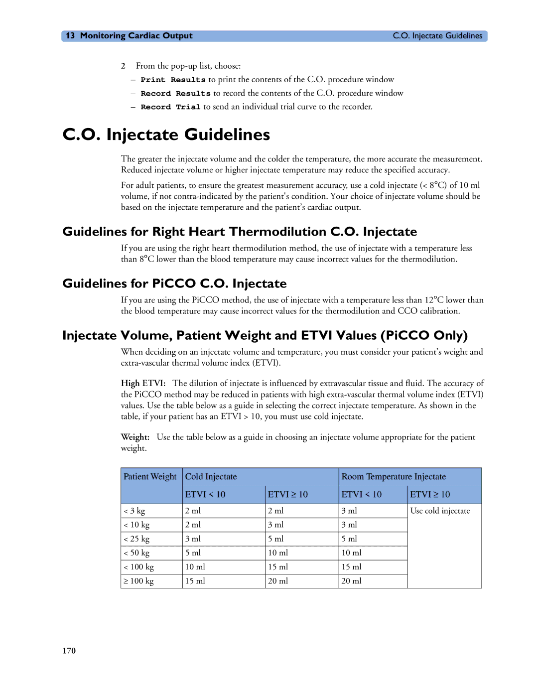 Philips MP20/30, MP60/70/80/90, MP40/50 manual Injectate Guidelines, Guidelines for Right Heart Thermodilution C.O. Injectate 