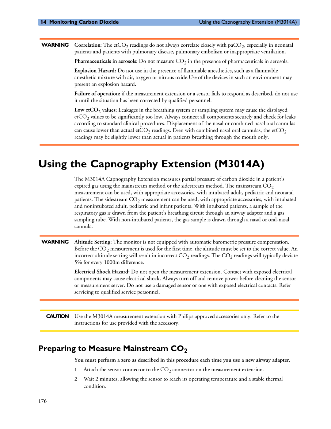 Philips MP20/30, MP60/70/80/90, MP40/50 manual Using the Capnography Extension M3014A, Preparing to Measure Mainstream CO2 