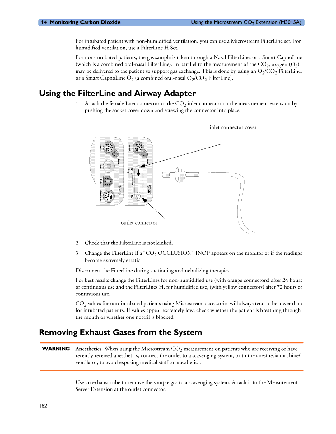 Philips MP20/30, MP60/70/80/90, MP40/50 Using the FilterLine and Airway Adapter, Removing Exhaust Gases from the System 