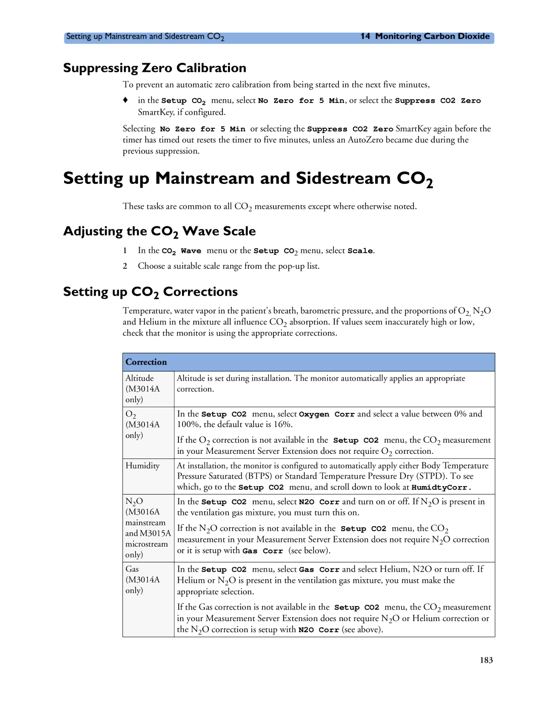 Philips MP40/50 manual Setting up Mainstream and Sidestream CO2, Suppressing Zero Calibration, Adjusting the CO2 Wave Scale 